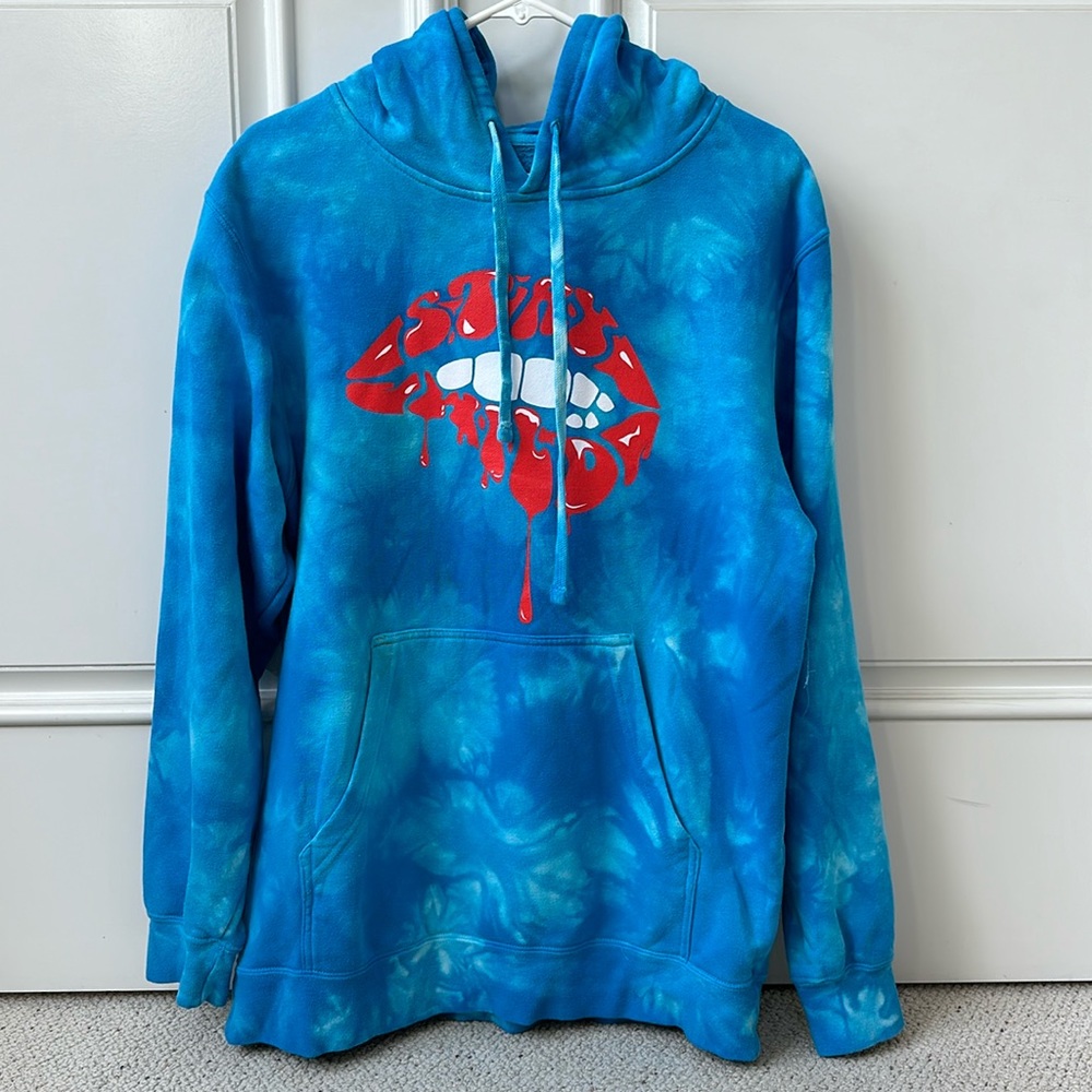 Blue Tie-Dye Hoodie with Red Drip Lip Graphic